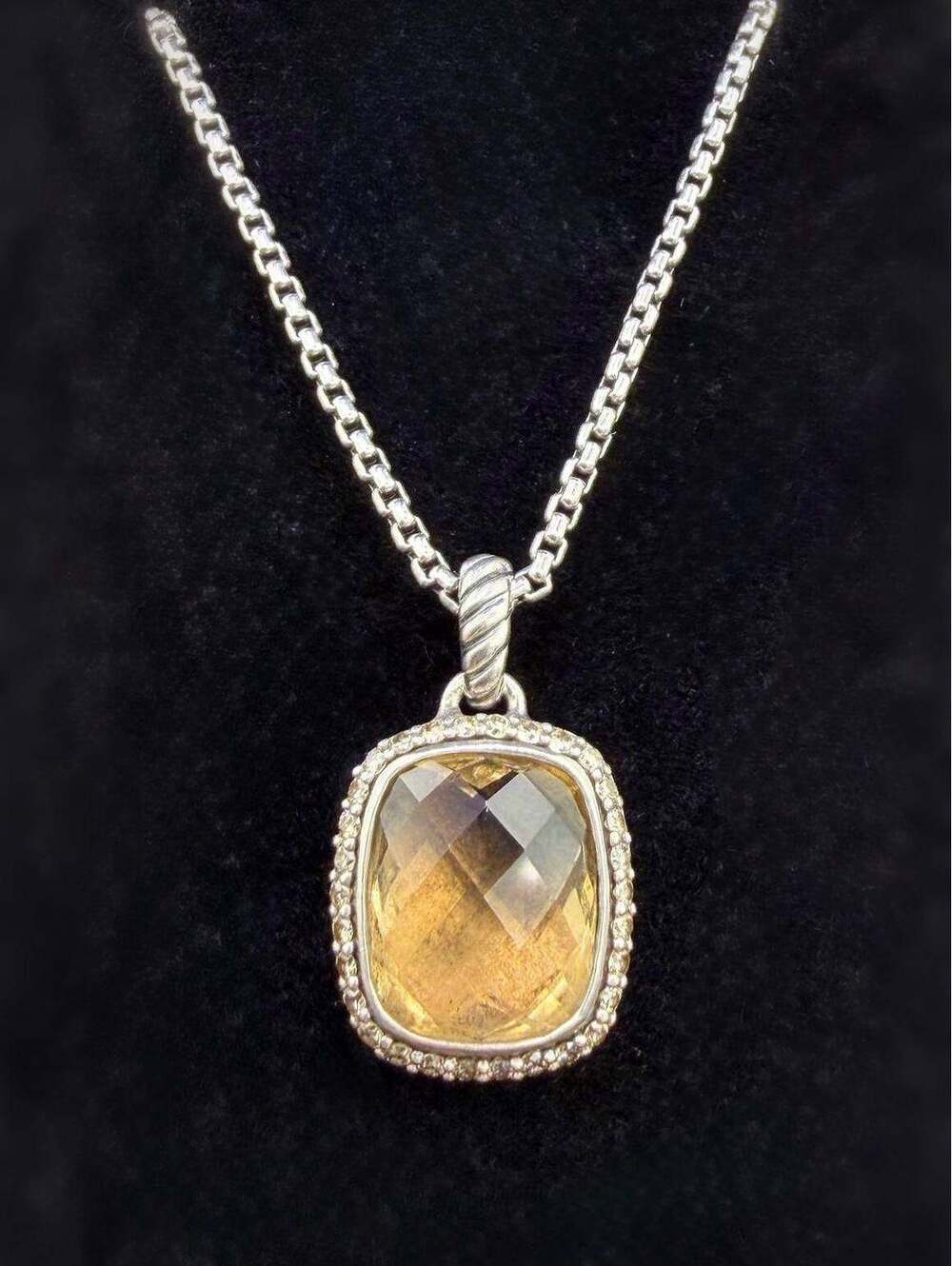 David Yurman Silver Citrine Diamond Pendant Charm Box Chain